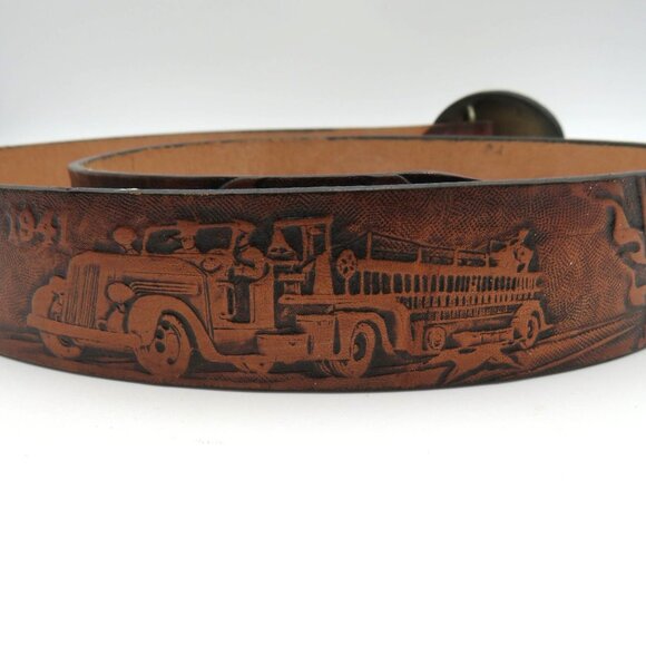 Firefighter Belt Size XL Kat Kuszak Vintage Embossed Leather Fire Truck Rescue - Picture 7 of 16